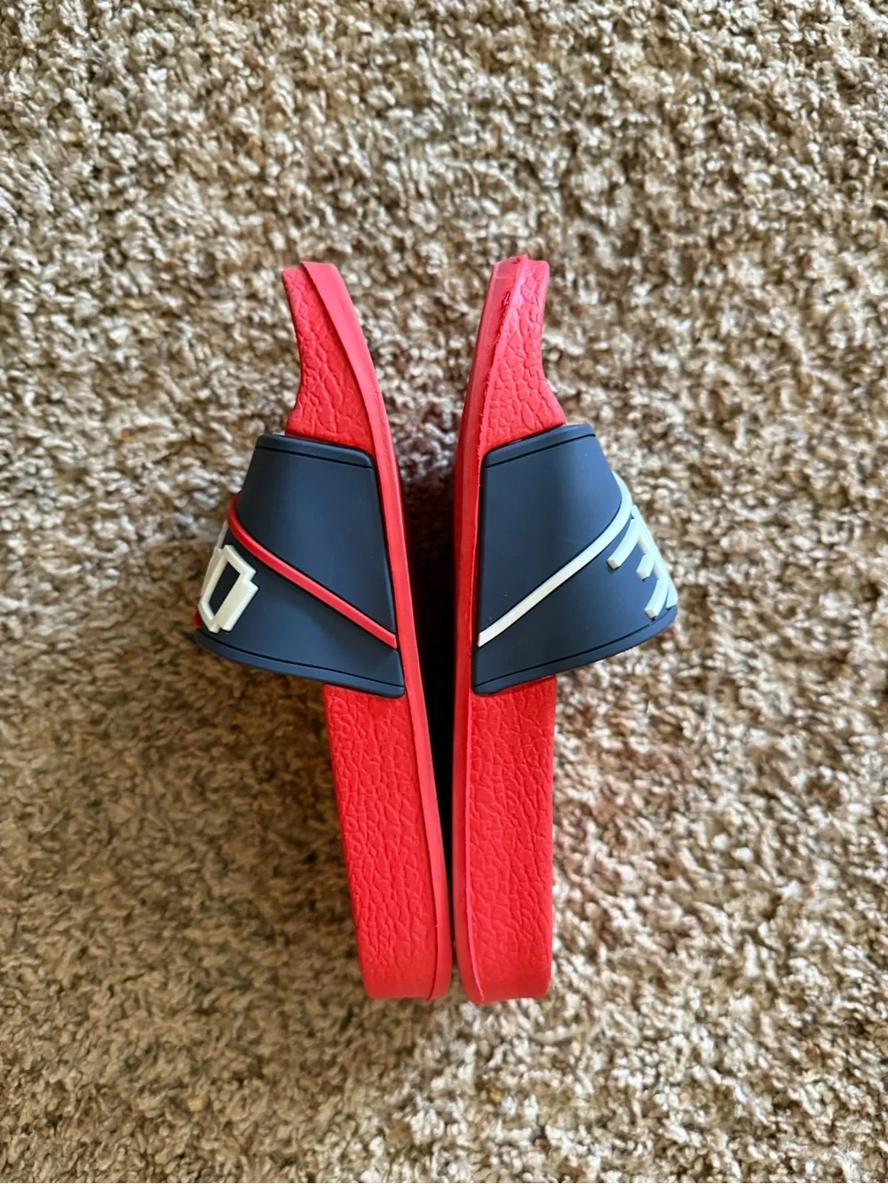Red Slide Sandals with Navy Strap and Graphic